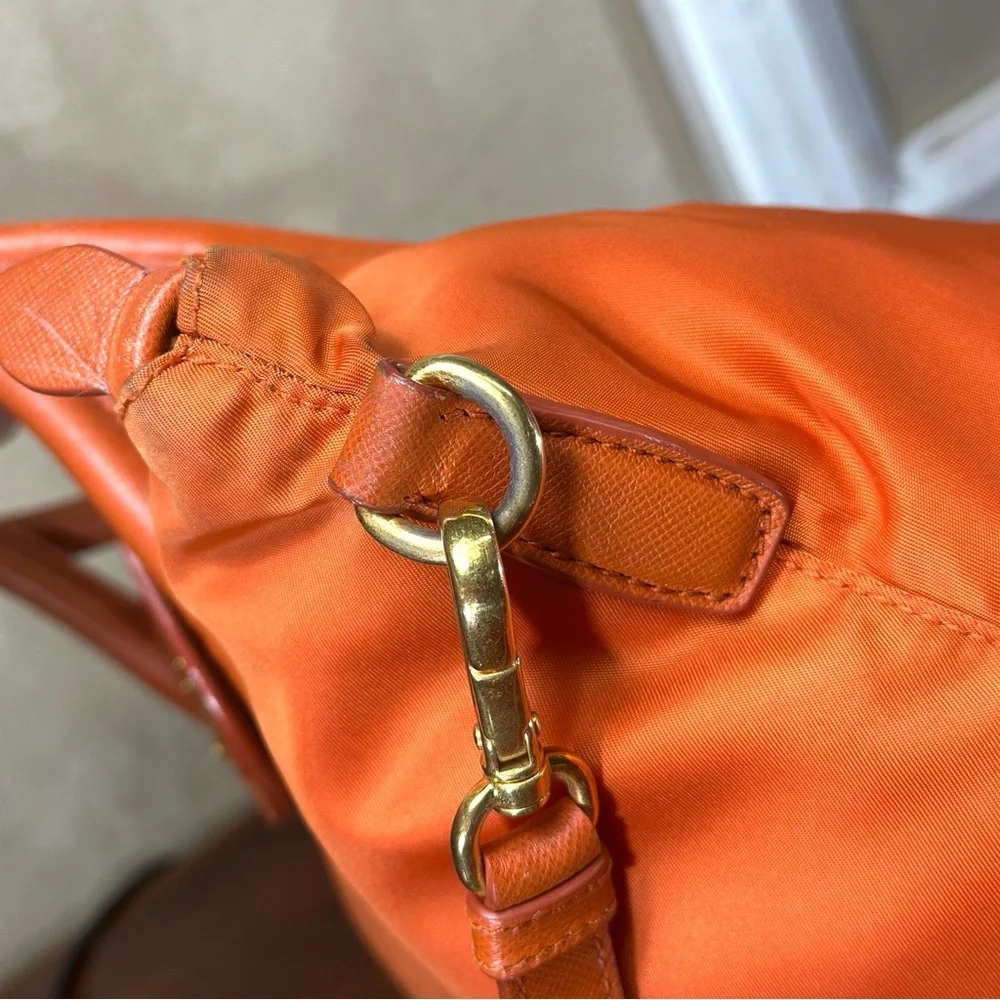 AUTHENTIC Prada Tessuto Nylon Saffiano Tote. Color: Papaya. - Picture 6 of 15
